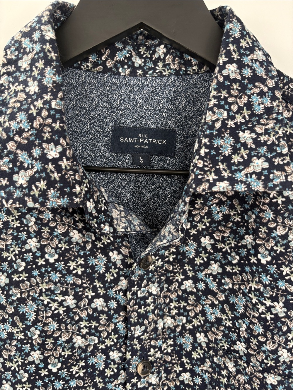 Rue Saint-Patrick Montreal Floral Button Up Shirt Navy Blue Long Sleeve Large - Picture 2 of 6